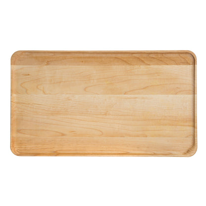 A rectangular wooden cutting board with rounded edges and a smooth surface, featuring natural wood grain patterns. The board rests on a plain white background.
