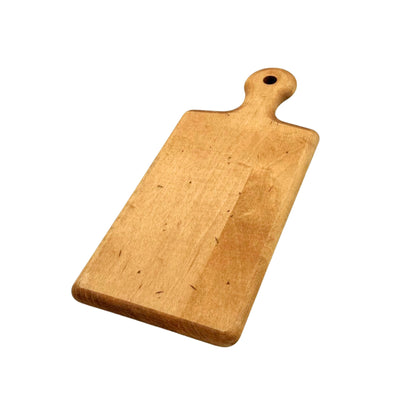 Wooden cutting board with a handle on a white background