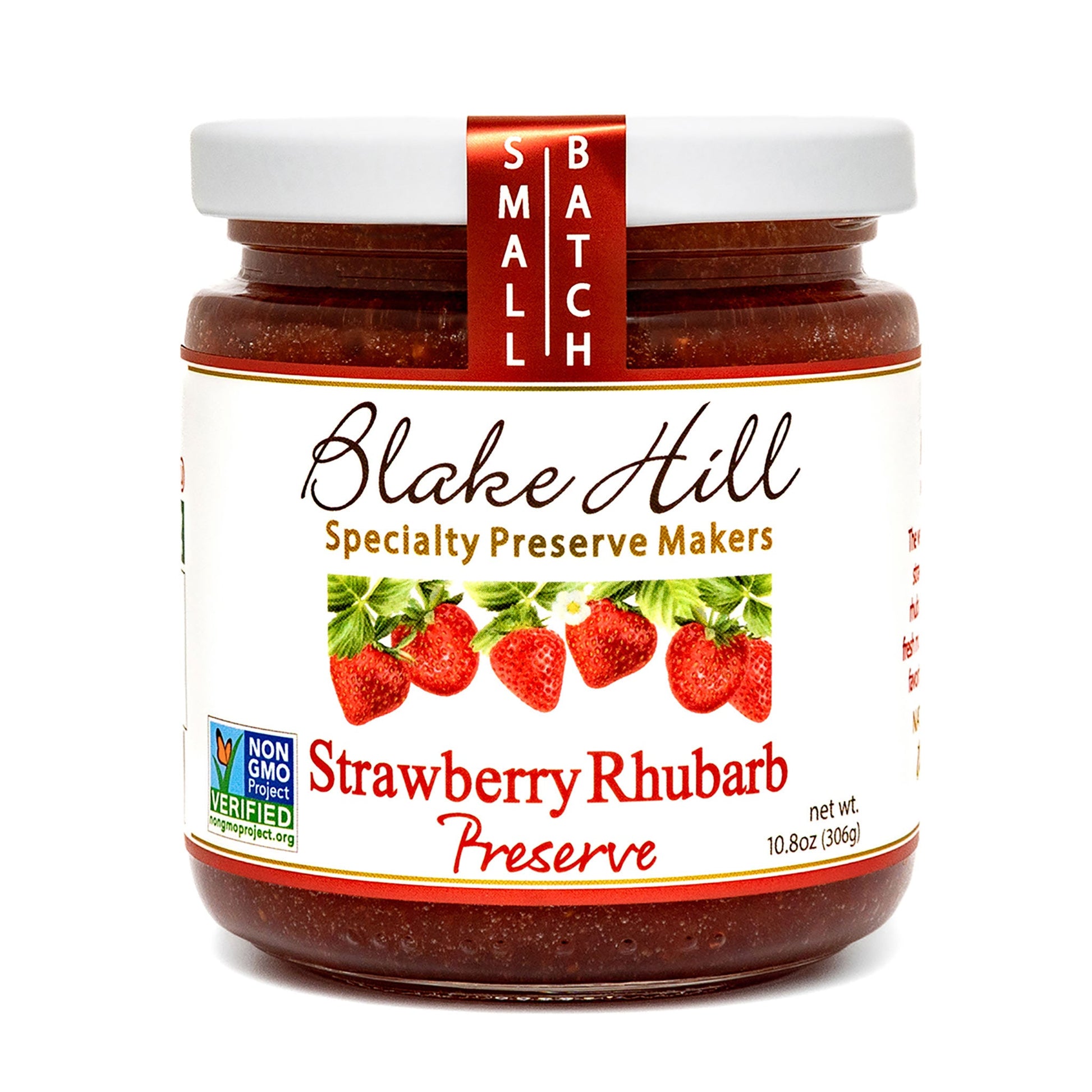 Jar of Blake Hill Strawberry Rhubarb Preserve on a white background