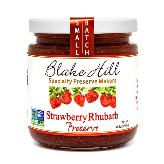 Jar of Blake Hill Strawberry Rhubarb Preserve on a white background