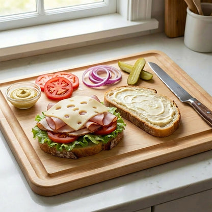 Sandwich assembly on a wooden cutting board with bread, cheese, ham, lettuce, tomatoes, onions, and pickles.