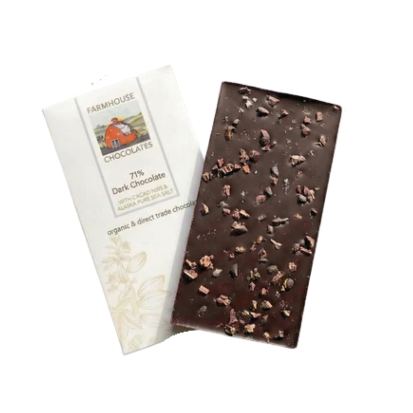 Farmhouse Chocolate Bar Package and Dark Chocolate, Cacao Nibs + Alaskan Pure Sea Salt bar.