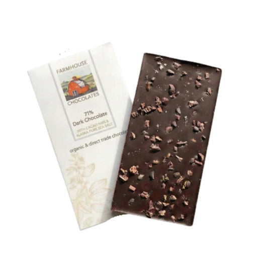 Farmhouse Chocolate Bar Package and Dark Chocolate, Cacao Nibs + Alaskan Pure Sea Salt bar.