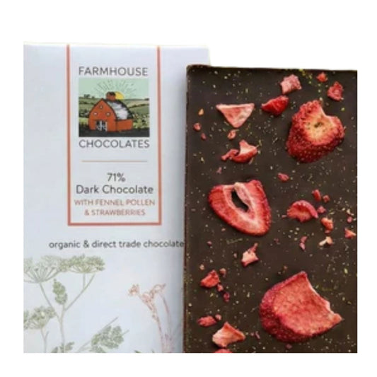 Dark chocolate bar with strawberries and packaging labeled 'Farmhouse Chocolates' on a white background