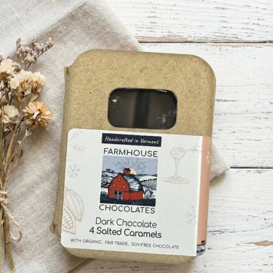 Farmhouse Chocolates packaging with a label on a wooden surface