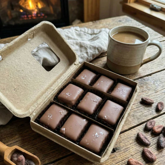 Box of chocolates on a wooden table with a cup of coffee and a fireplace in the background
