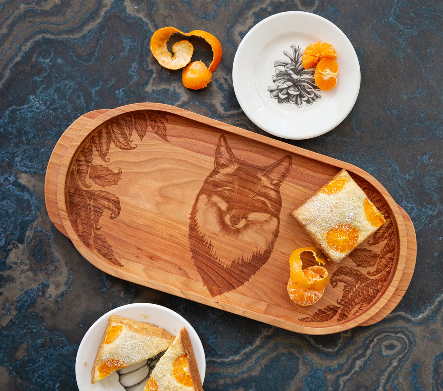 JK Adams Laura Zindel Cherry Oval Serving Tray with handles engraved with a fox.
