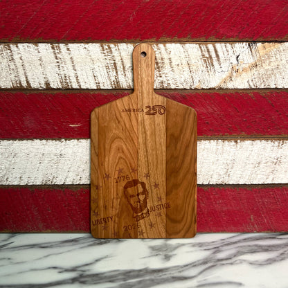 Cherry Cheese board with two presidents against a red and white background
