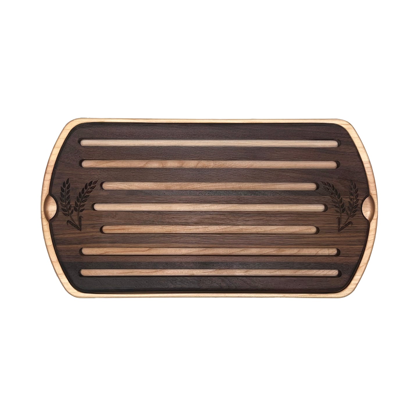 Wooden cutting board with slotted design on a white background