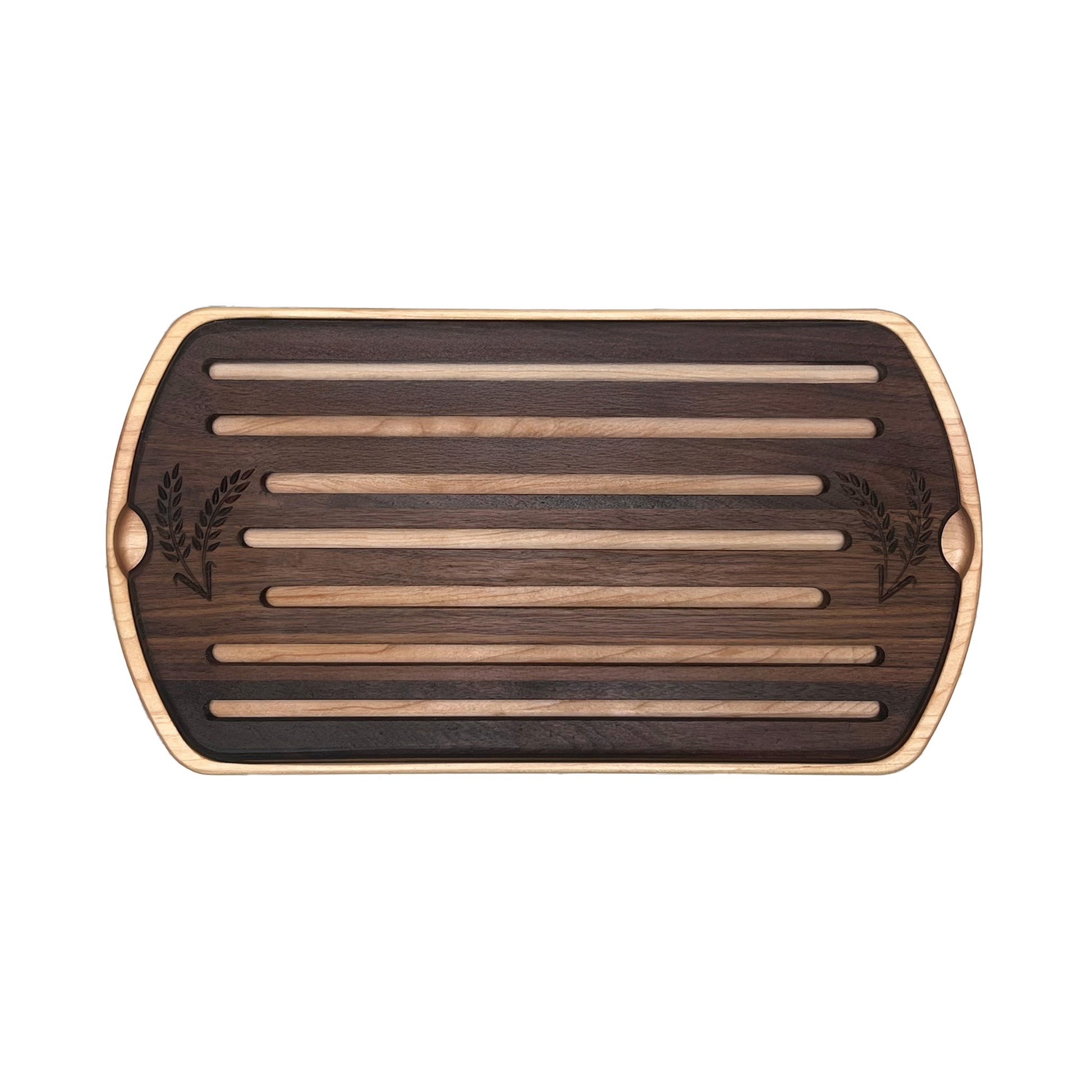 Wooden cutting board with slotted design on a white background