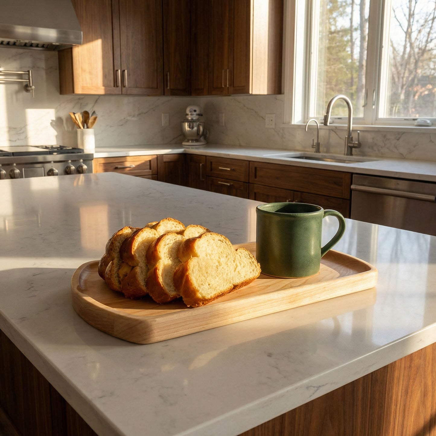 Sliced bread on a wooden cutting board with a green mug in a kitchen.