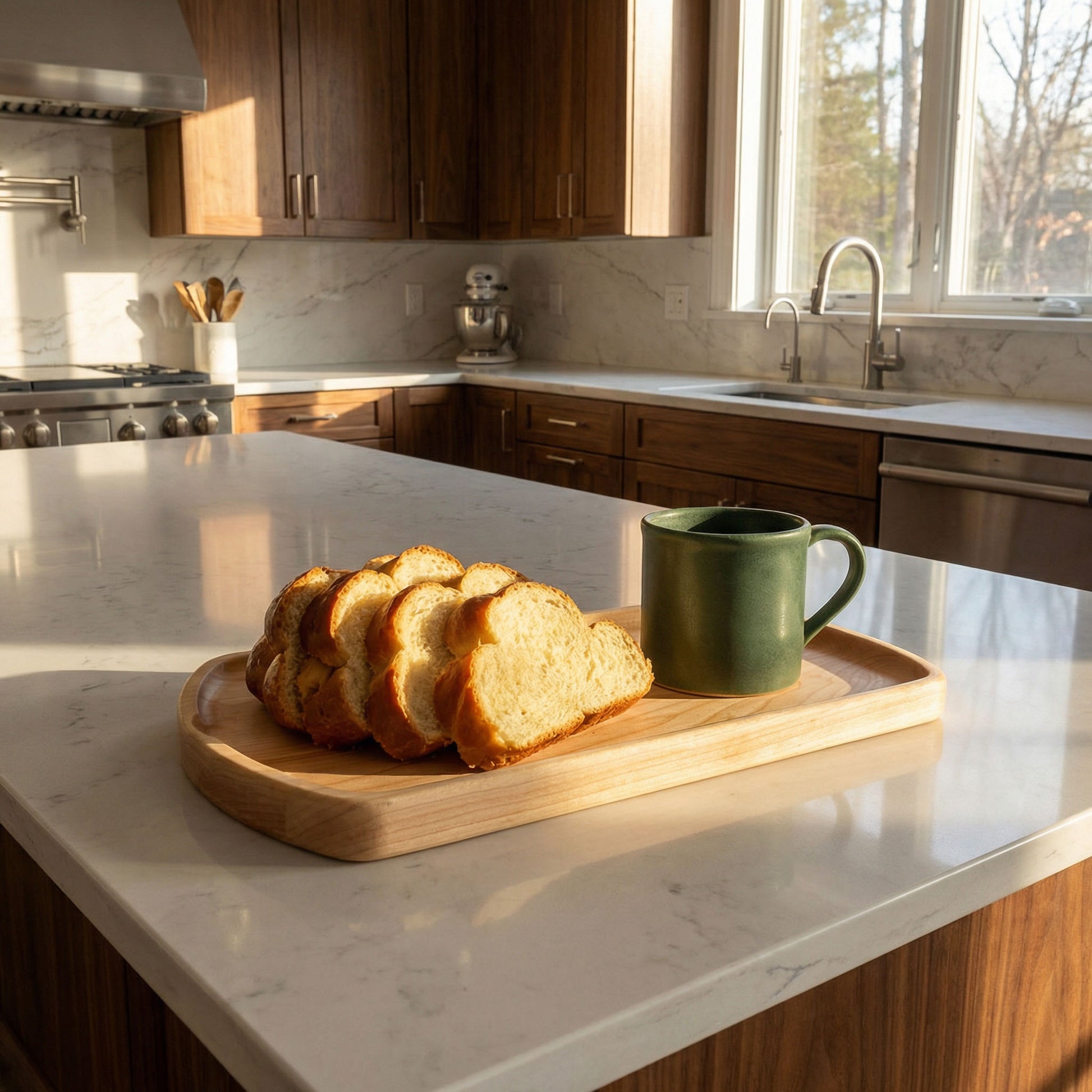 Sliced bread on a wooden cutting board with a green mug in a kitchen.