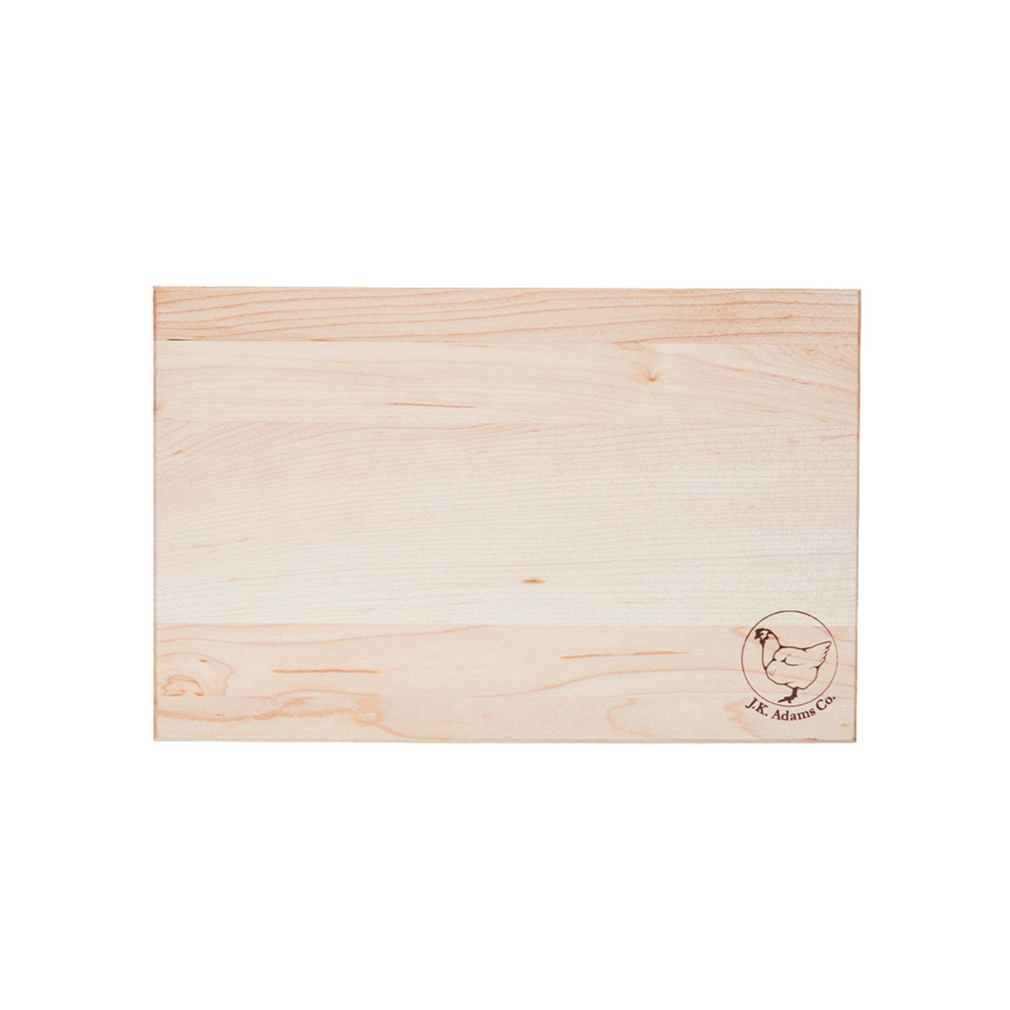 A rectangular light-colored wooden board with natural wood grain and a small circular chicken logo in the bottom right corner, shown on a plain white background.