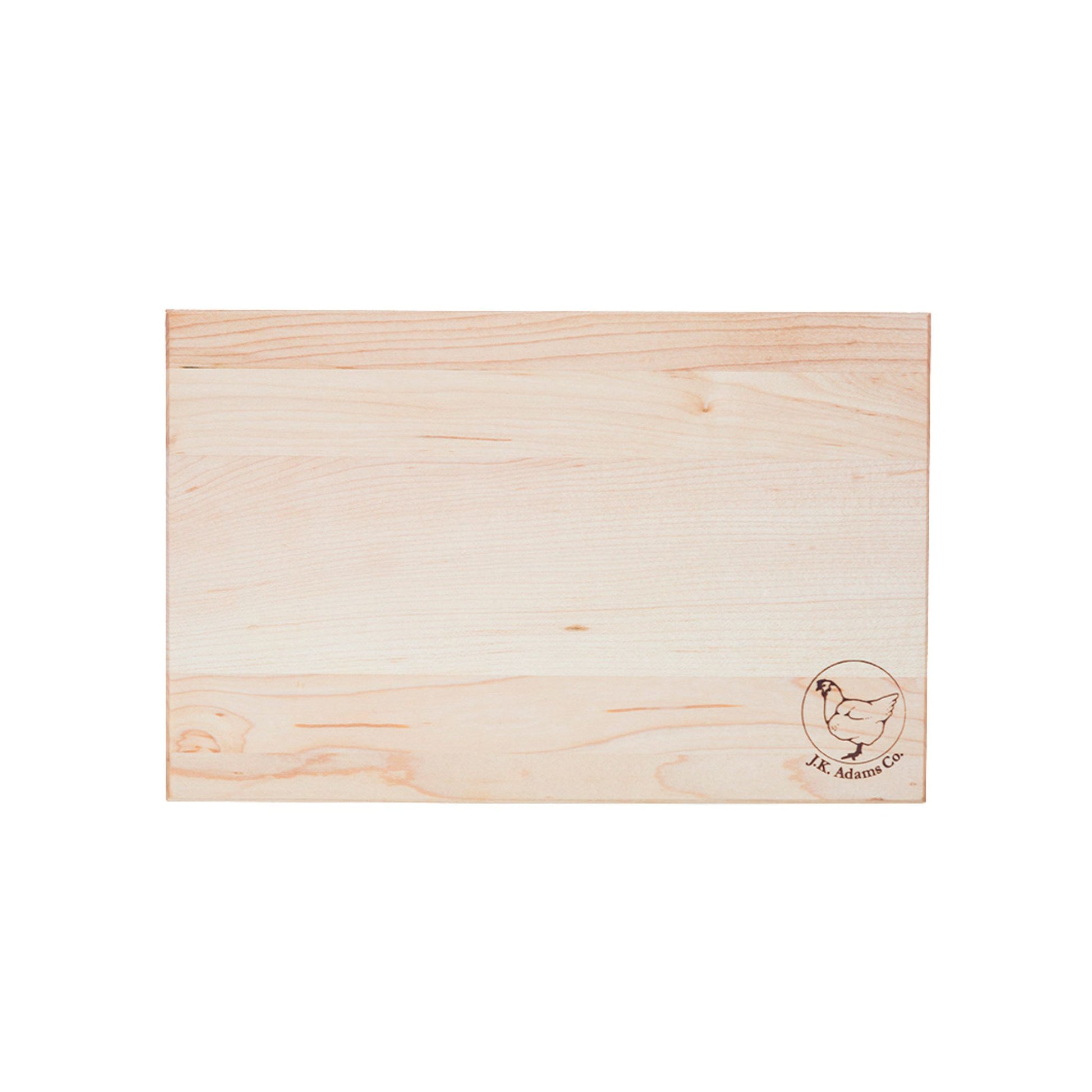 A rectangular light-colored wooden board with natural wood grain and a small circular chicken logo in the bottom right corner, shown on a plain white background.