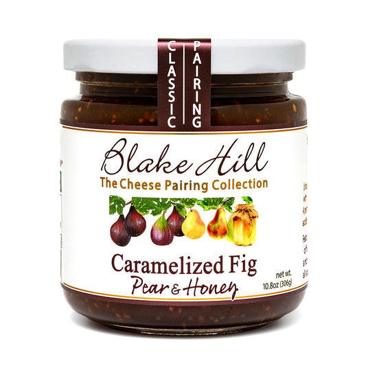 Jar of Blake Hill Caramelized Fig, Pear & Honey spread on a white background