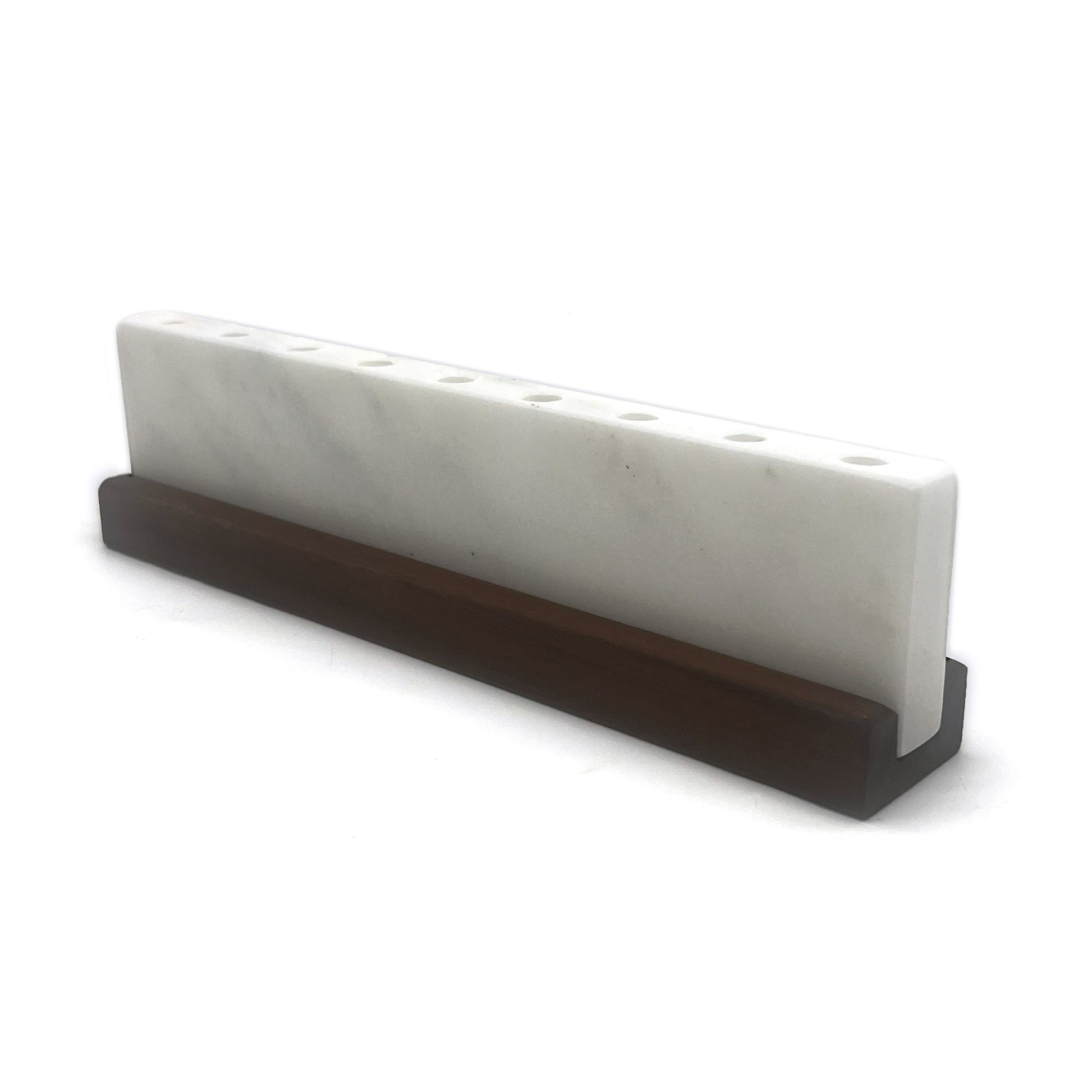 White marble slab on a dark brown stand against a white background